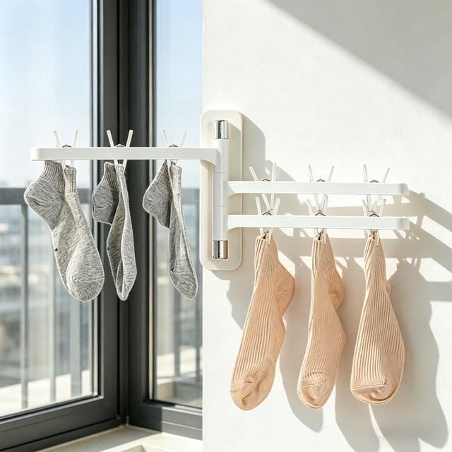 Oefntac Rotatable Foldable Drying Rack Multifunctional Hanger Multiple Clips Underwear Sock Wall Mounted No Drill