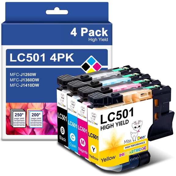 LC501 Ink Cartridges Compatible for Brother LC501 LC501XL LC 501 XL Work for Brother MFC-J1260DW MFC-J1360DW MFC-J1410DW Printer (4 Pack, Black, Cyan, Magenta, Yellow)