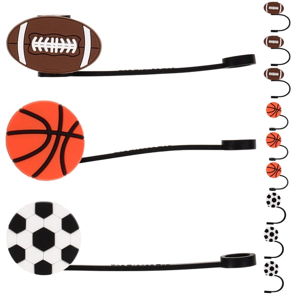 KAKOWELY 12 tapones para pajitas con forma de pelota deportiva, protectores para pajitas y decoraciones para pajitas.