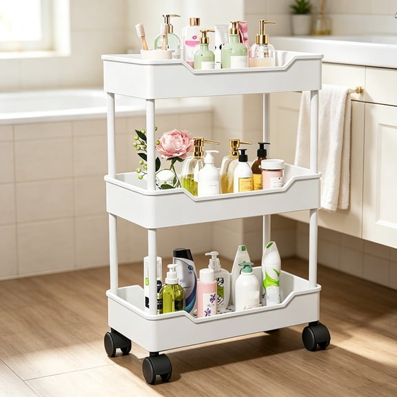 3 Tier Slim Rolling Cart, Plastic Utility Storage Cart with Wheels, Movable Organizer for Bathroom, Kitchen, Narrow Spaces, White
