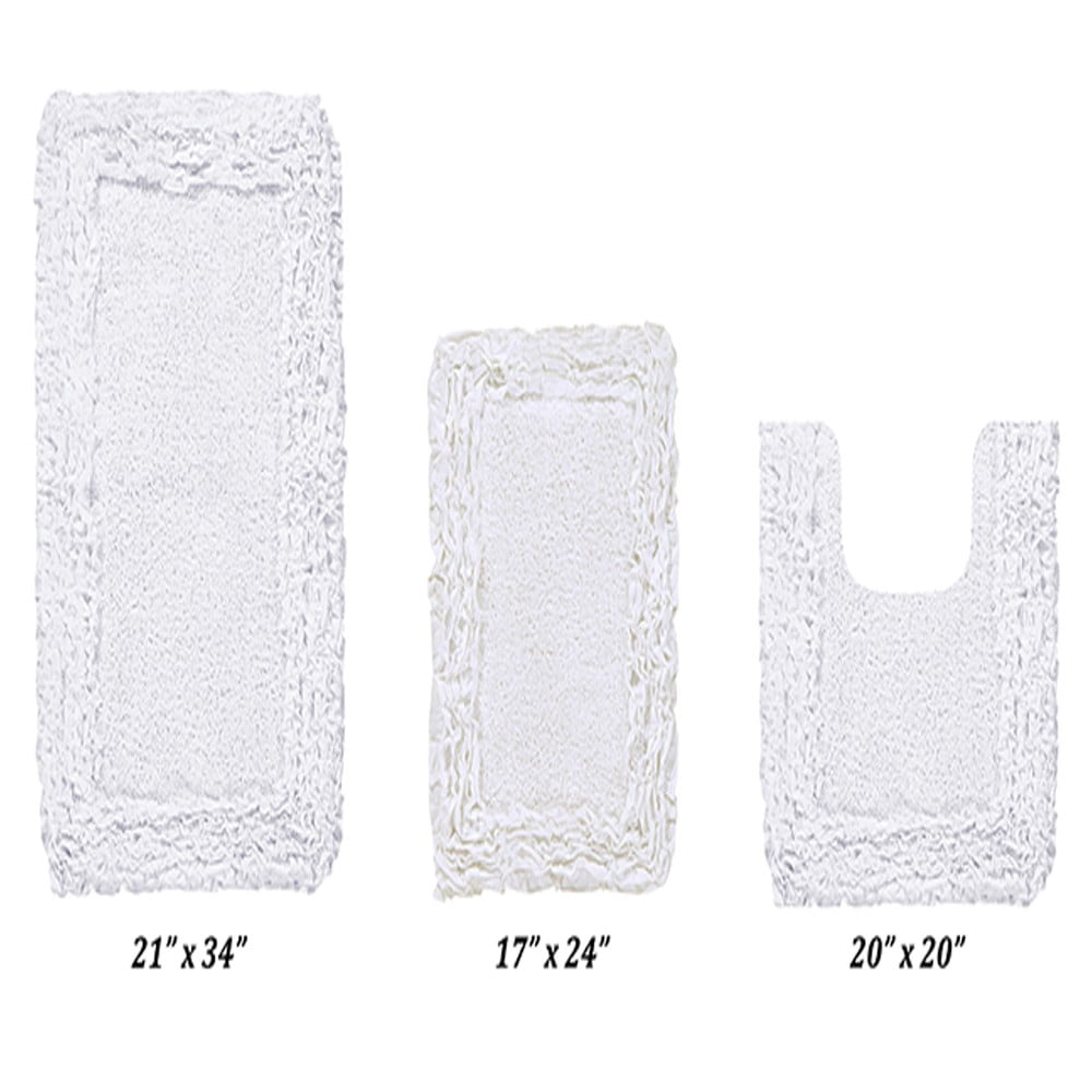 Better Trends 3 Piece Bathroom Rug Set 100% Cotton, Extra Soft, Water Absorbent & Non Slip Bath Mat, Ruffle Border, (White) Shaggy Border Collection