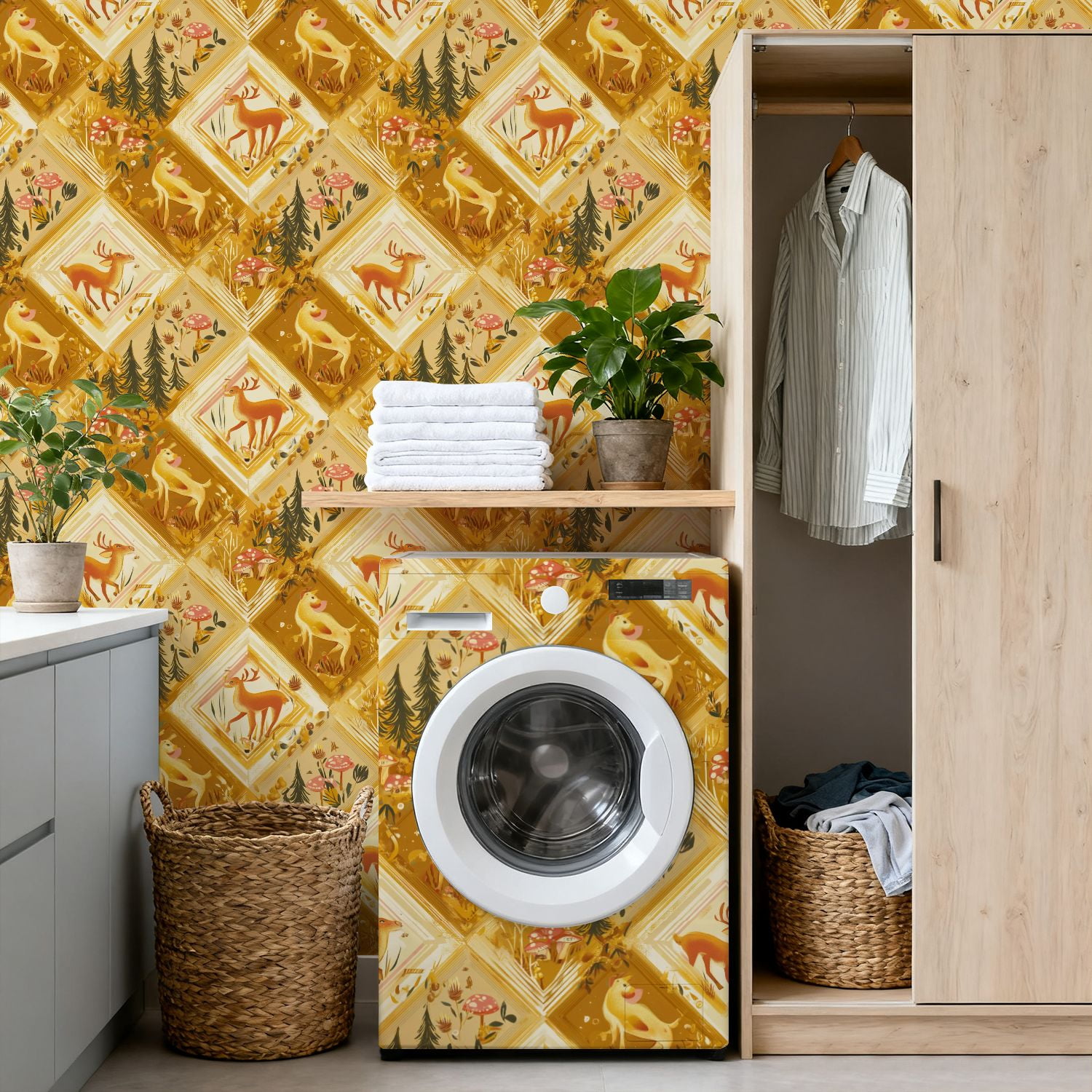 Hunt Peel and Stick Wallpaper 17.7in x 9.8ft Whimsical Forest Animals Deer Dog Mushrooms Golden Contact Paper Vinyl Waterproof Self Adhesive Wall Paper for Bedroom Shelf Cabinet Renter Friendly