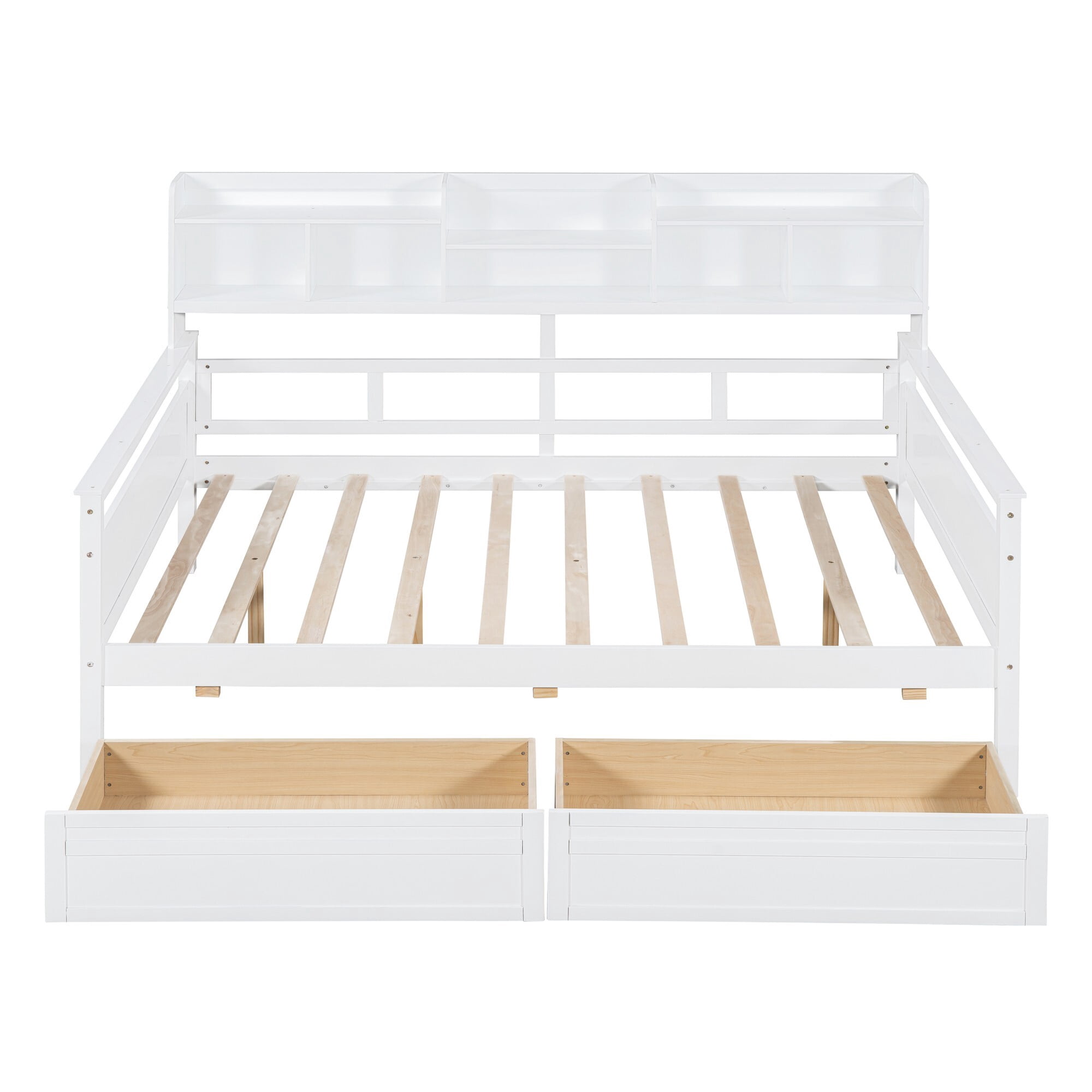 AENKYO Full Size Wooden Daybed Bed Frame with 2 Storage Drawers and Headboard Shelf, Solid Wood Sofa Bed, White