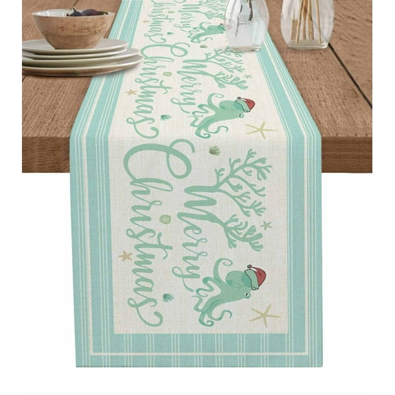 Blue Teal Coastal Christmas Burlap-Cotton Table Runner 120 Inches Long,Xmas Coral Nautical Snowflake Farmhouse Table Runners,Outdoor Dining Tablecloths Decor for Baby Shower Party Wedding 13x120
