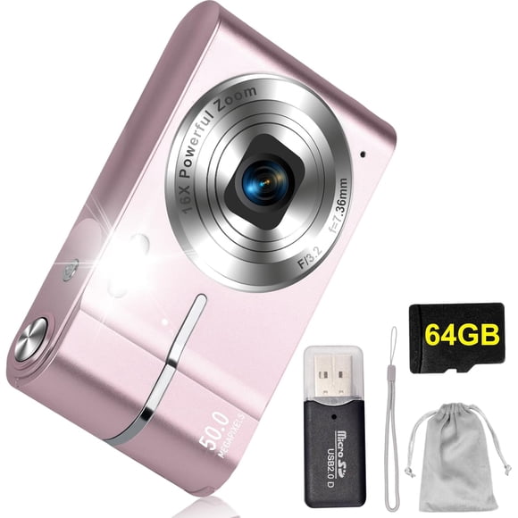 Cámara Digital FHD 1080P 50MP Vlogging con Tarjeta 64GB, Pantalla IPS de 2.4'', Zoom 16X, Anti-Shake y Disparo Continuo, Camara Fotografica Digicam Regalo para Niñas y Niños (Rosa),Rosa