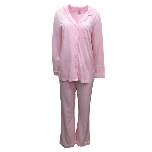 Valentines Womens Pink Polka Dot Notched Collar Button Up Pajamas Pajama Set M