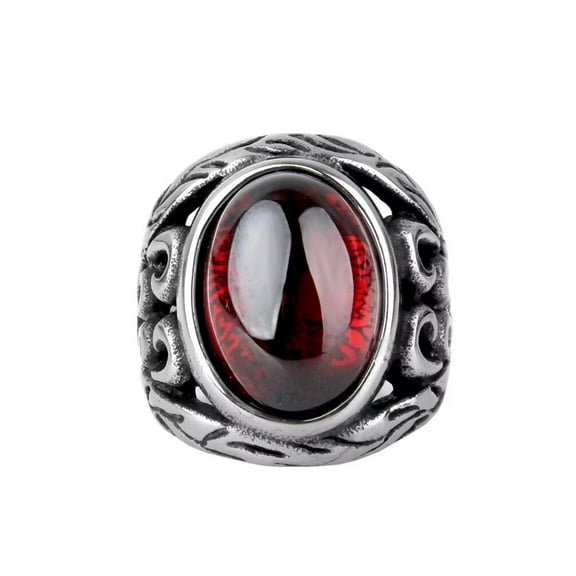 PAMTIER Men's Stainless Steel Vintage Gothic Punk Hollow Oval Red Zircon Signet Biker Ring Simple Pattern Carved Statement Band Silver Size 8
