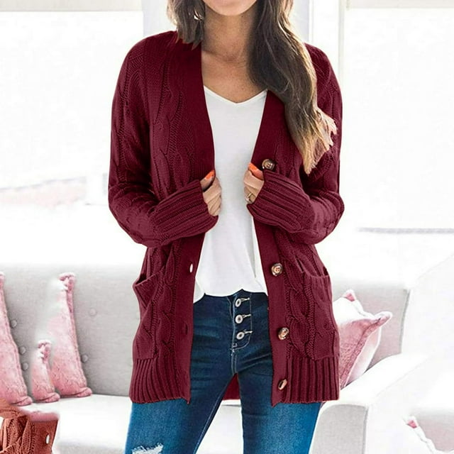 Women Winter Sweater Cardigan Long Sleeve Open Front Button Down Knitwear Coat With Pocket