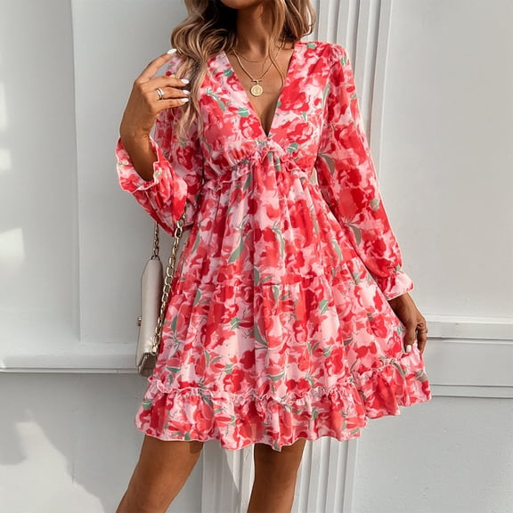 New Spring/Summer Women's Elegant Color-Blocked Print V-Neck Long-Sleeve Dress