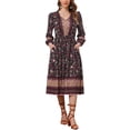 thumbnail image 1 of Vestido midi de verano con cuello en V, mangas largas, cintura elástica y corte A, floral, para mujer, en azul marino, 1 of 5