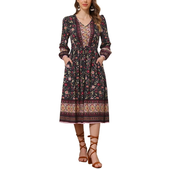 Vestido midi de verano con cuello en V, mangas largas, cintura elástica y corte A, floral, para mujer, color azul marino