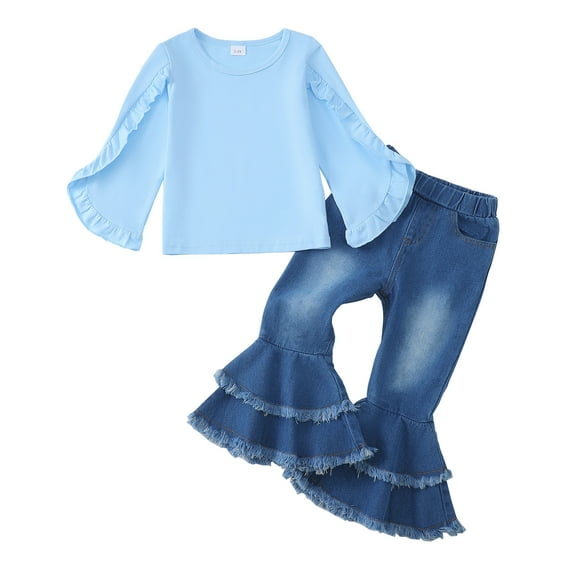 6Y Little Girls Clothes 7Y Girls 2PCS Denim Outfits Set Solid Color Little Girls Long Sleeve Crew Neck Top Denim Pants Set Blue