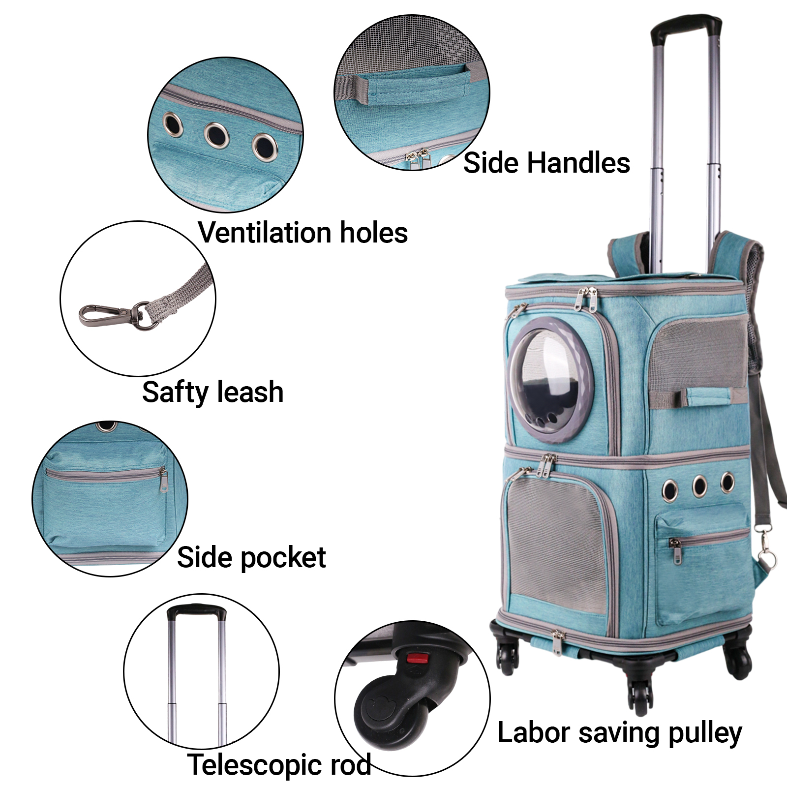 2-in-1 Pet Carrier Backpack for Two Cats or One Dog with Puller & Roller, Green Double-Layer 2 Compartment Carry Bag to Transport Small Animals Traveling and Hiking, Space Capsule Clear Bubble Dome