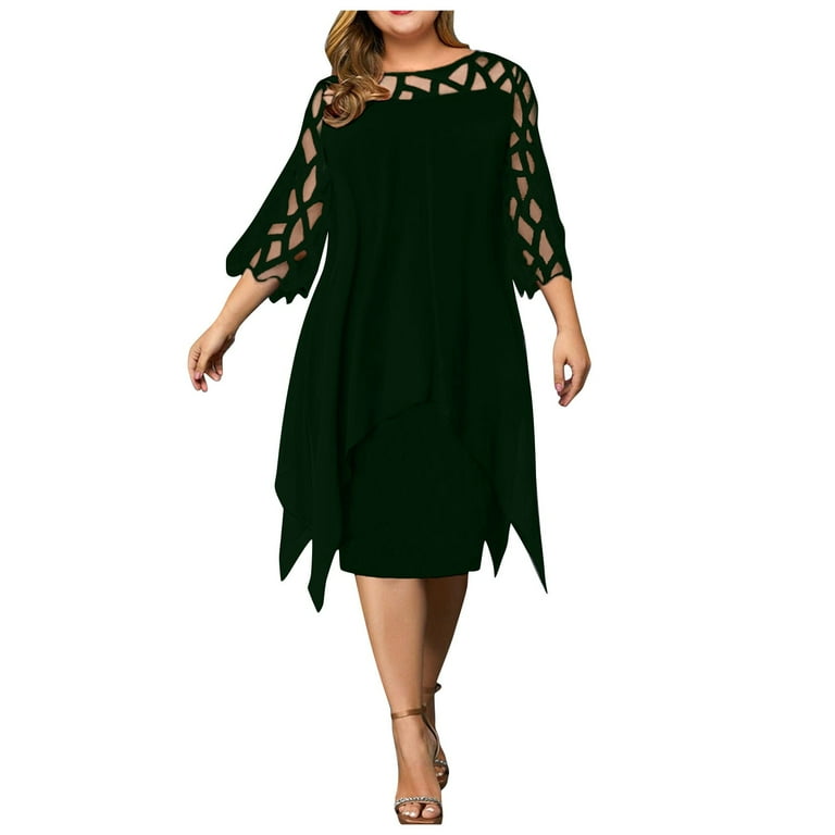 BEEYASO Clearance Summer Dresses for Women 3/4 Sleeve A-Line Knee Length  Holiday Solid Scoop Neck Dress Dark Green 2XL 