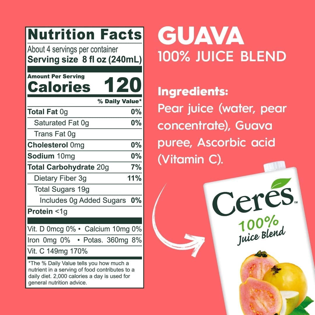 Pack of 12, Ceres 100% Guava Juice Blend, 33.8 fl oz
