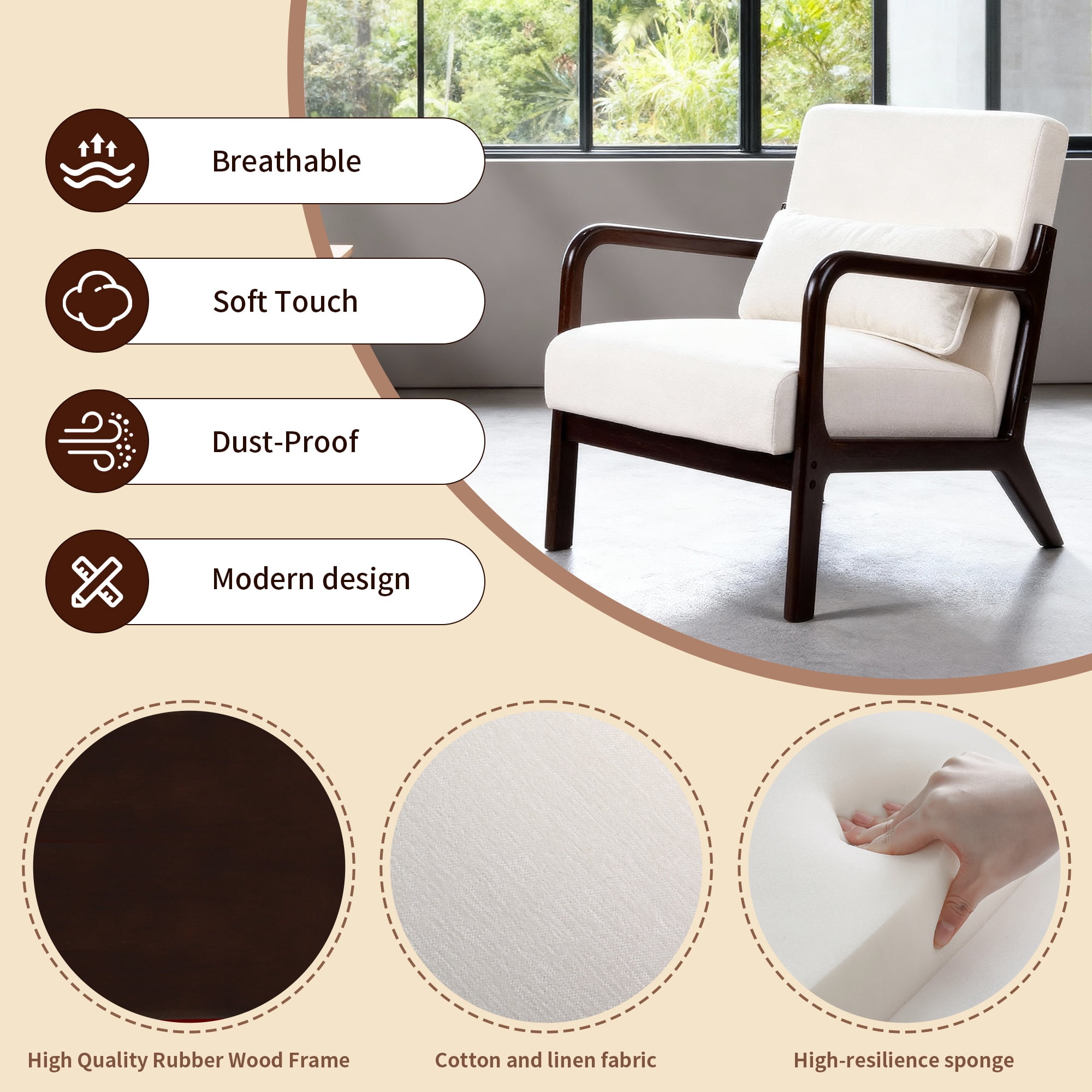 PORKISS Accent Chair Mid Century Modern Arm Chair with Wood Frame and Pillow, Corduroy Reading Armchair for Bedroom Living Room Office, Beige + Brown