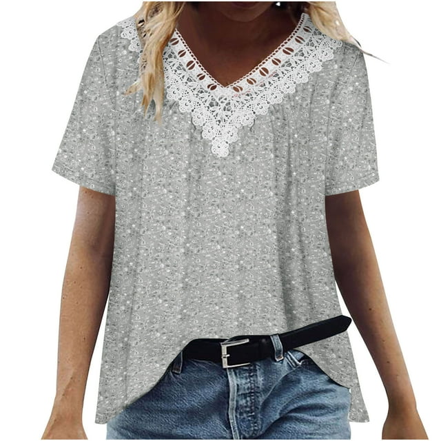 Dealovy Womens Summer Top Lace V Neck Short Sleeve Shinny Printed Ruffle Loose Fitted T Shirts