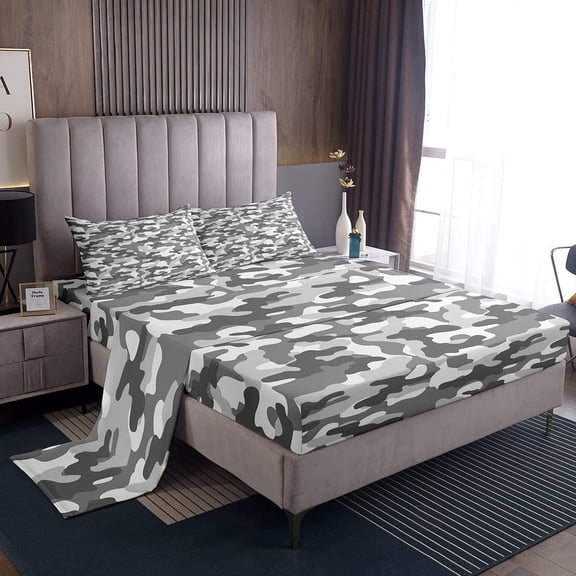 Erosebridal Camouflage Sheet Set Teens,Camo Bed Sheets Queen,Army Graffiti Geometric Bedding Set,Grey Arrow Abstract Art Fitted Sheet   Top Sheet   2 Pillowcases Home Room Decor