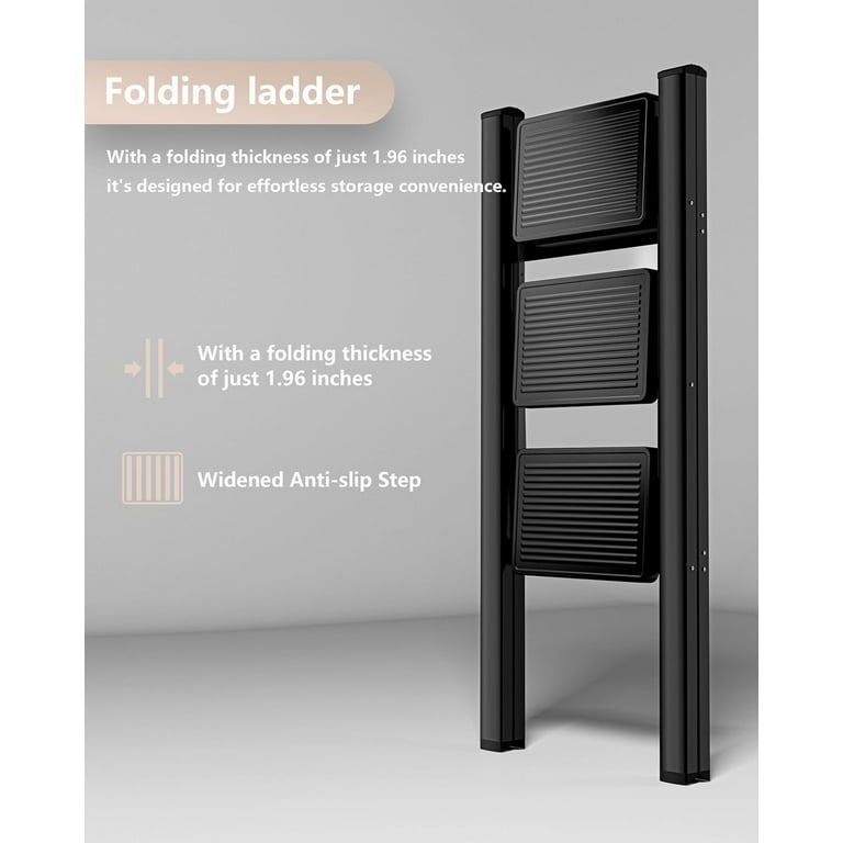 3-Step Foldable Step Ladder - 330lb Capacity With Anti-Slip Pedal & Crossbar