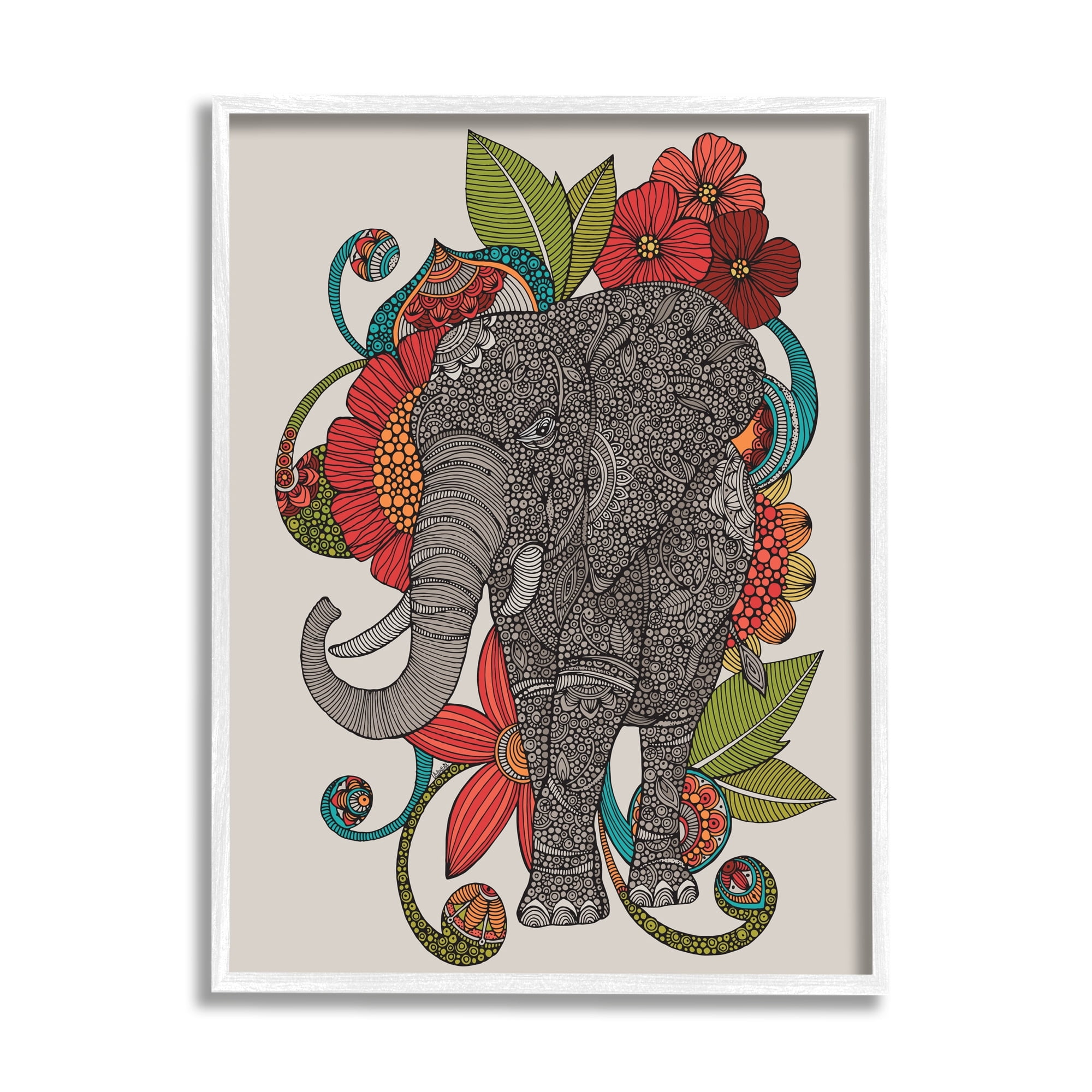 Stupell Industries Wild Elephant Surrounded Elaborate Flower Mandala Patterns Graphic Art White Framed Art Print Wall Art, Design by Valentina Harper