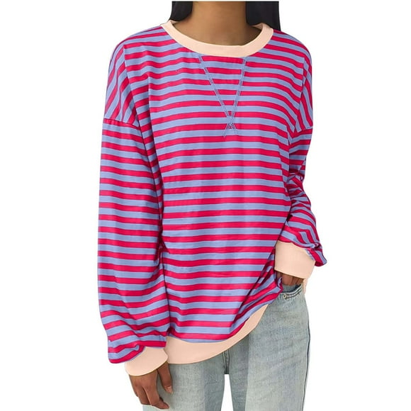 Jsaierl Oversized Sweatshirts for Women Plus Size Striped Long Sleeve Sweatshirt Crewneck Fall Lightweight Loose Fit Pullover Trendy Raglan Sleeve Cute Tops