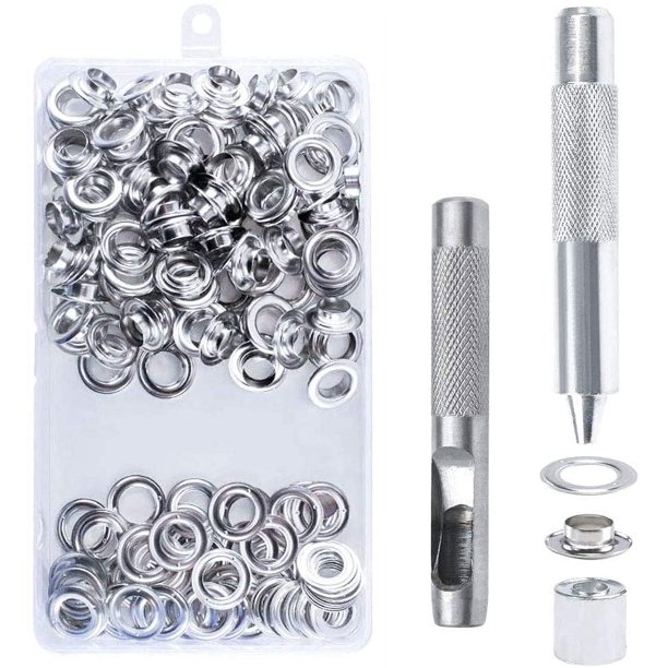 Juego de 100 ojales de 14 mm, kit de ojales metálicos con herramientas para reparación de bolsas de lona y carpas, color plateado