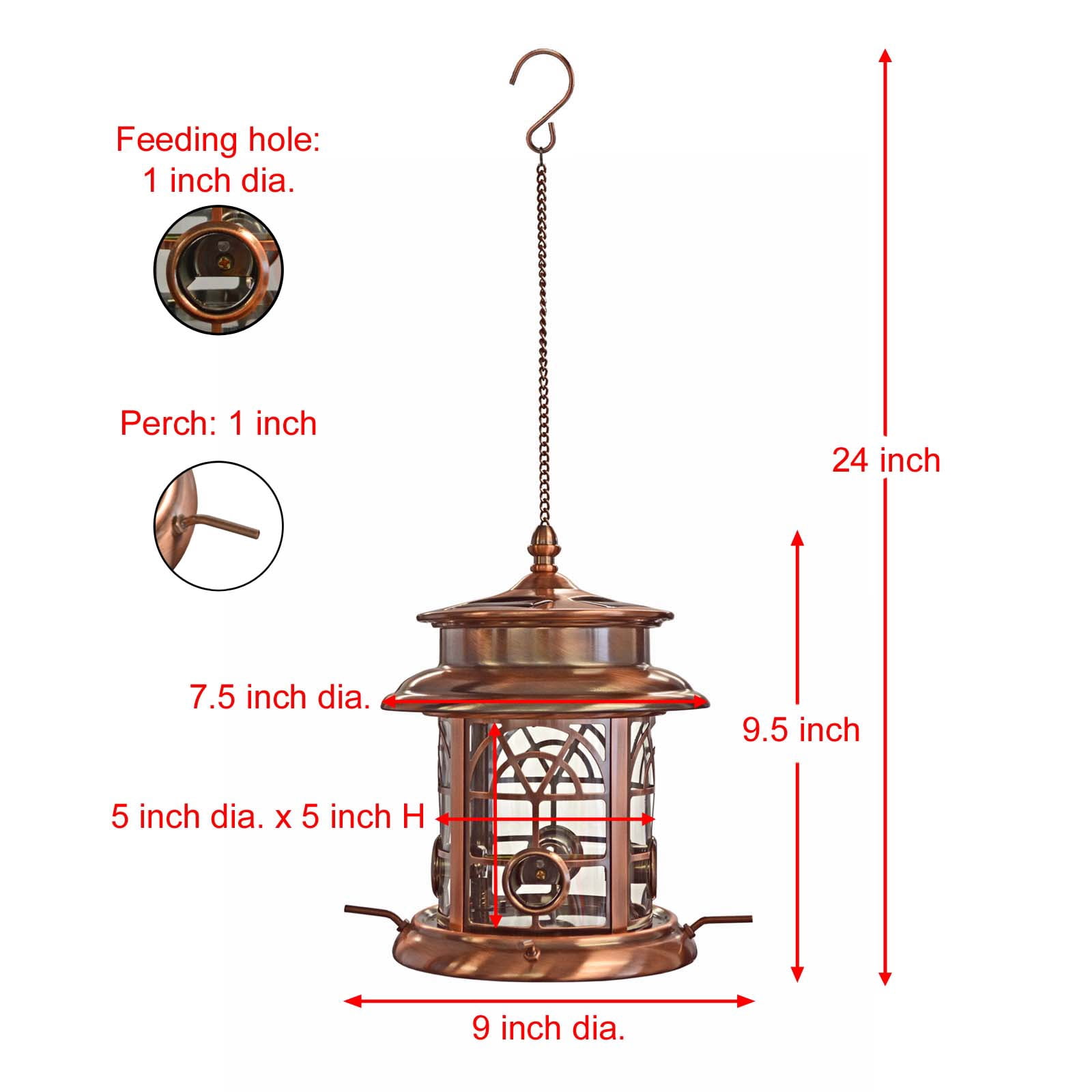 Westcharm Squirrel Proof Solar Birdfeeder for Wild Song Birds | Arched Lattice Solar LED Hanging Bird Feeder for Outside Garden, Antique Copper