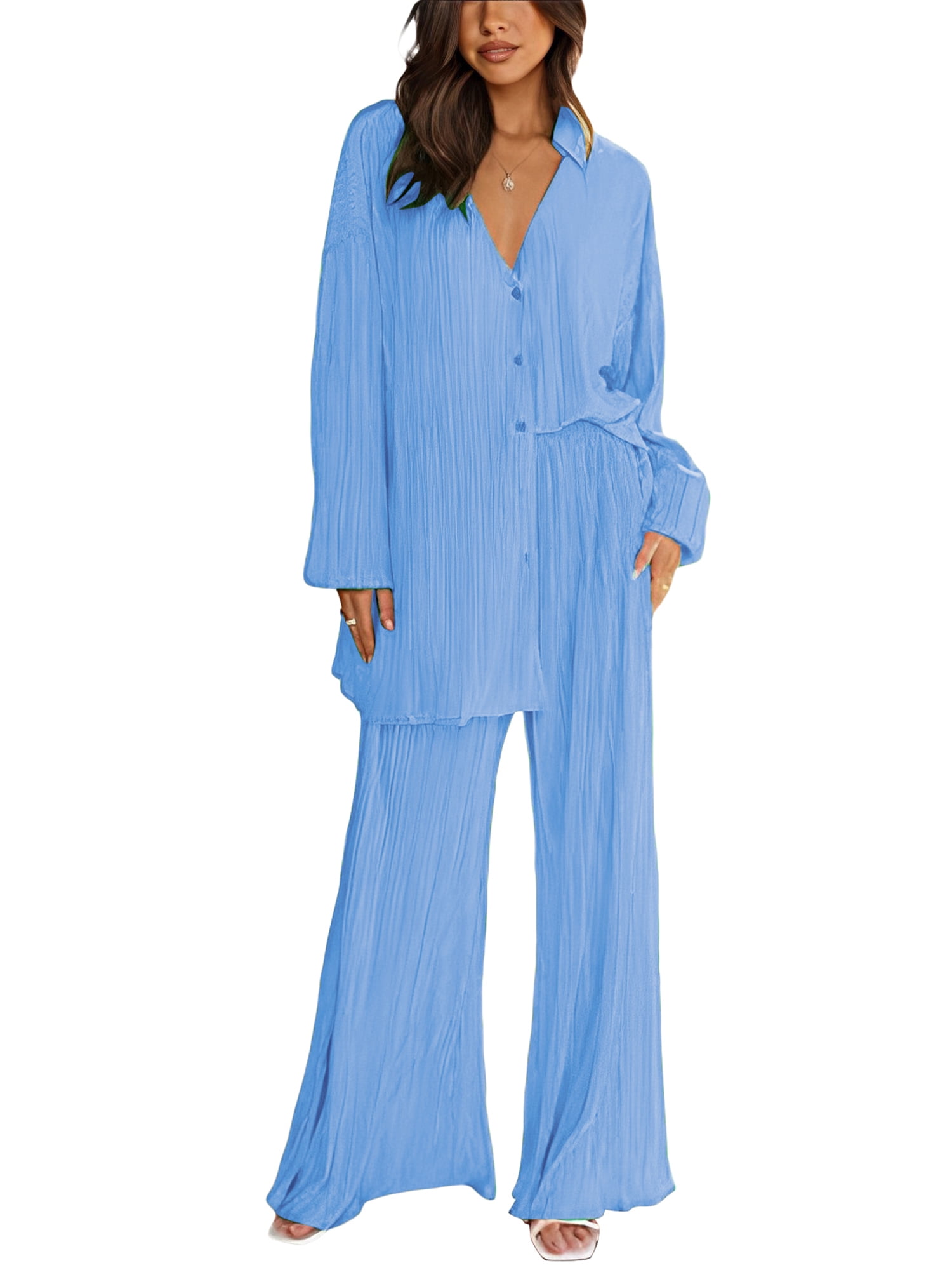 Womens Loungewear Set 2 Piece Sweatsuits Outfits Casual Pleated Long Sleeve  Button Down Shirt and Palazzo Pants 