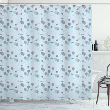 Kites Shower Curtain, Animal Kites Flying in the Sky with Balloons Baby Shower Cartoon, Fabric Bathroom Set with Hooks, 69W X 75L Inches Long, Dried Rose Baby Blue Pale Blue, by Ambesonne