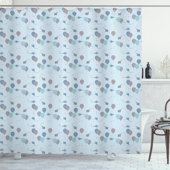 Kites Shower Curtain, Animal Kites Flying in the Sky with Balloons Baby Shower Cartoon, Fabric Bathroom Set with Hooks, 69W X 84L Inches Extra Long, Dried Rose Baby Blue Pale Blue, by Ambesonne