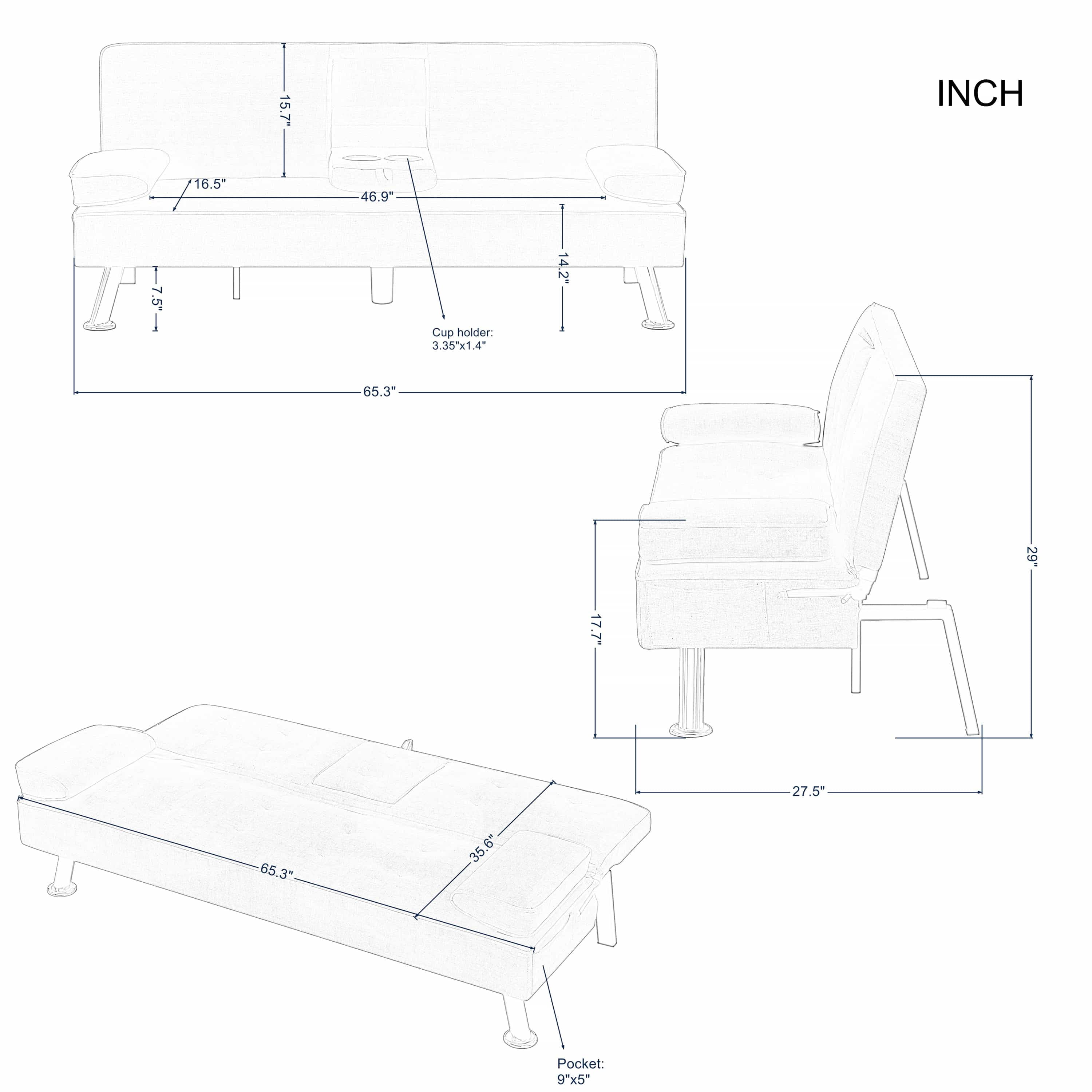 BSHTI Twin Size Futon Convertible Sleeper Sofa Bed,Polyester Upholstery,3 Angles for Adjusting Backrest with 2 Cup Holders,Removable Arm Cushions,Dark Gray