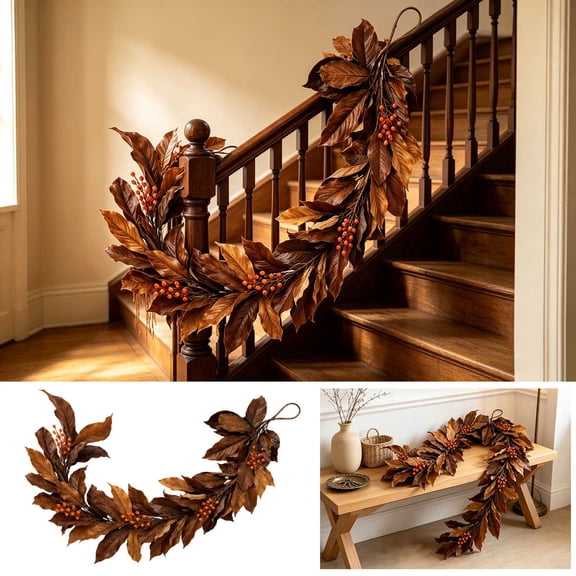 Brown Magnolia Leaf Garland with Orange Berries, 72-Inch Artificial for Christmas Decor, Fall Mantel, Staircase, Indoor Outdoor Seasonal Décor