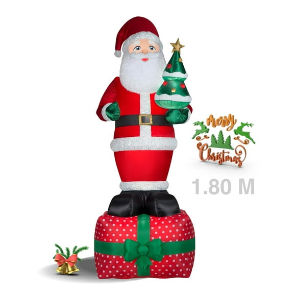 Inflable Navideño Decoracion Grande 1.8m Santa Claus Regalo Marthing Con luces LED, Facil de Instalar, Uso Interior y Exterior, Resiste y Duradero, Decoracion Navideña Patio y Jardin