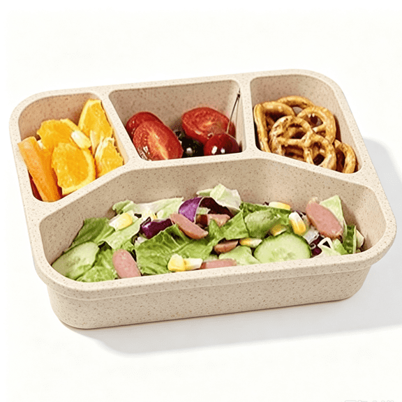 Bxaolu Bento Box Adult Lunch Box - 1 Pack, 4- Compartment Plastic Container, Reusable Food Storage Snack Containers - Stackable for Home, Work, and Travel (Beige)