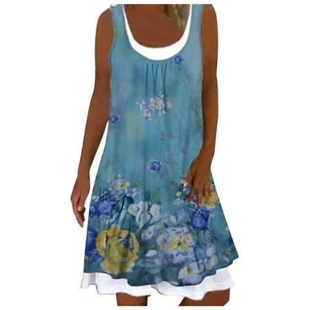 

jsaierl Casual Dresses for Women Round Neck Print Sleeveless Splicing Dresses for women 2023