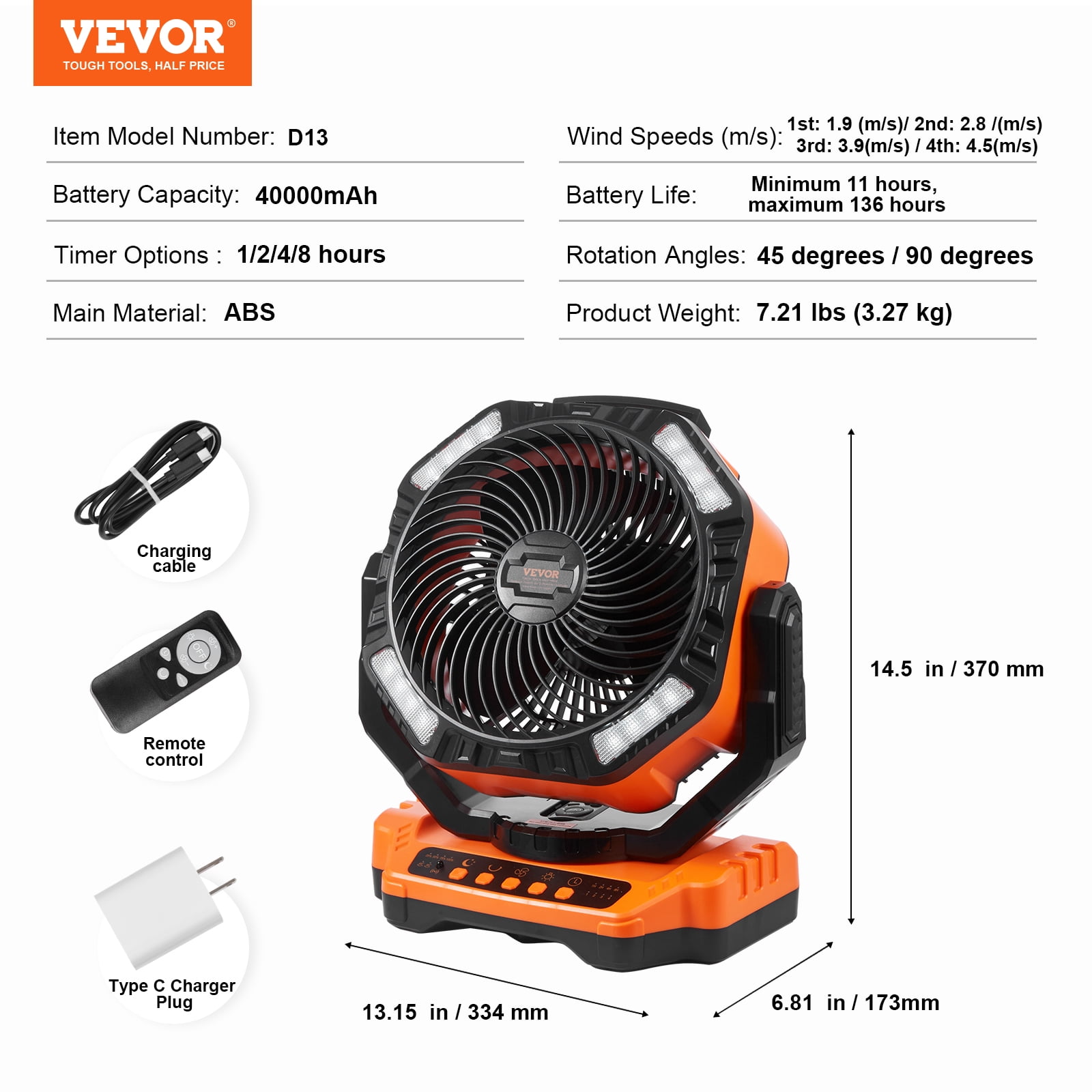 VEVOR Portable Fan Rechargeable 13 inch, Battery Powered Fan with LED Lantern, 4 Speeds Adjustable & 45/90Automatic Swivel & Timer , USB Battery Operated Fans for Travel Bedroom Home Camping Office