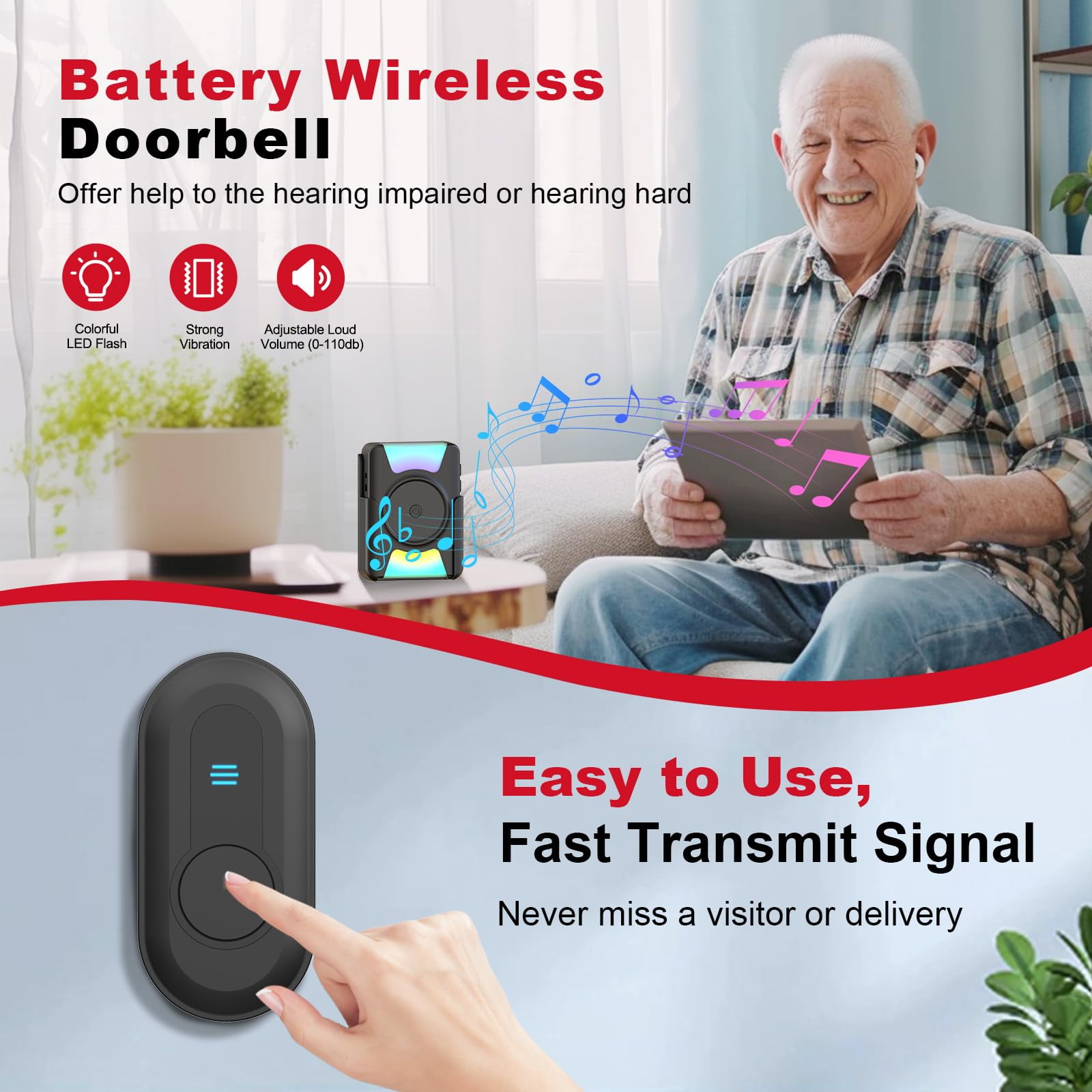 CallToU Wireless Doorbell for Hearing Impaired, 1000FT Range, Battery Operated with Vibration and Flashing Light, 2 Call Buttons, 2 Portable Receivers for Home or Office