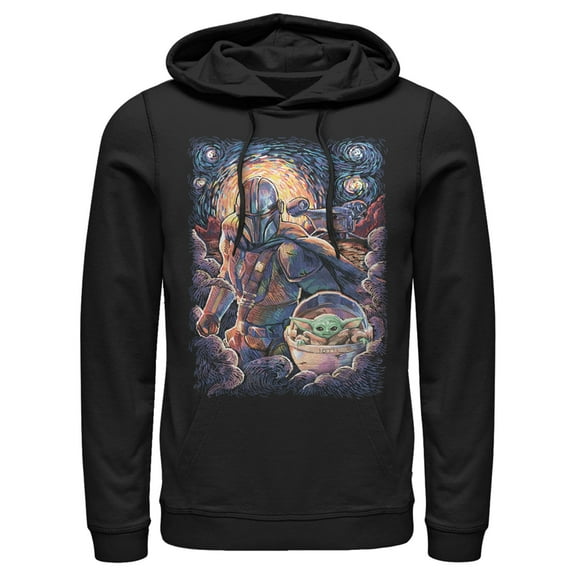 Men's Star Wars: The Mandalorian Starry Night Best Friend Portrait Pull Over Hoodie Black Medium