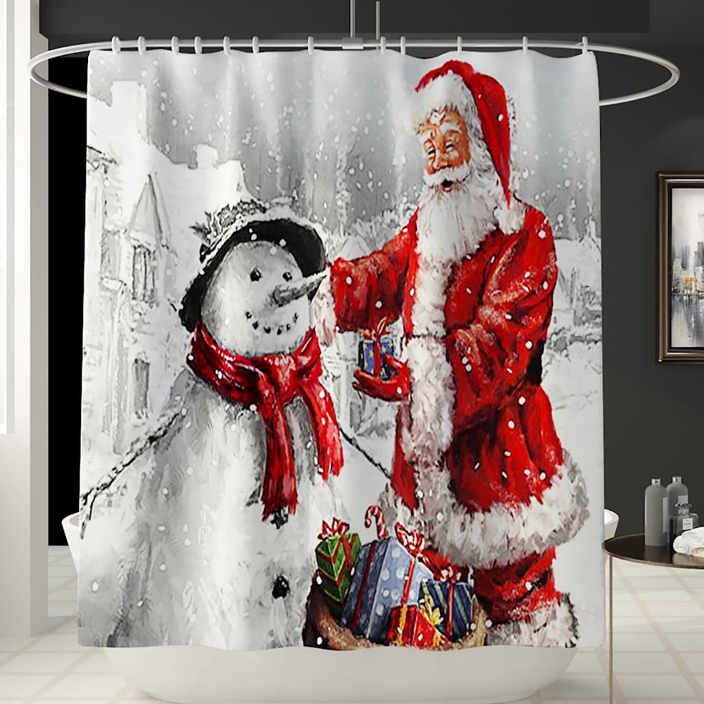 LB Merry Christmas Shower Curtain Funny Santa Claus Ho Winter Snowflake Shower Curtains Hooks Happy Holiday Kids Bathroom Curtains Set,70x70 Inch Waterproof Fabric