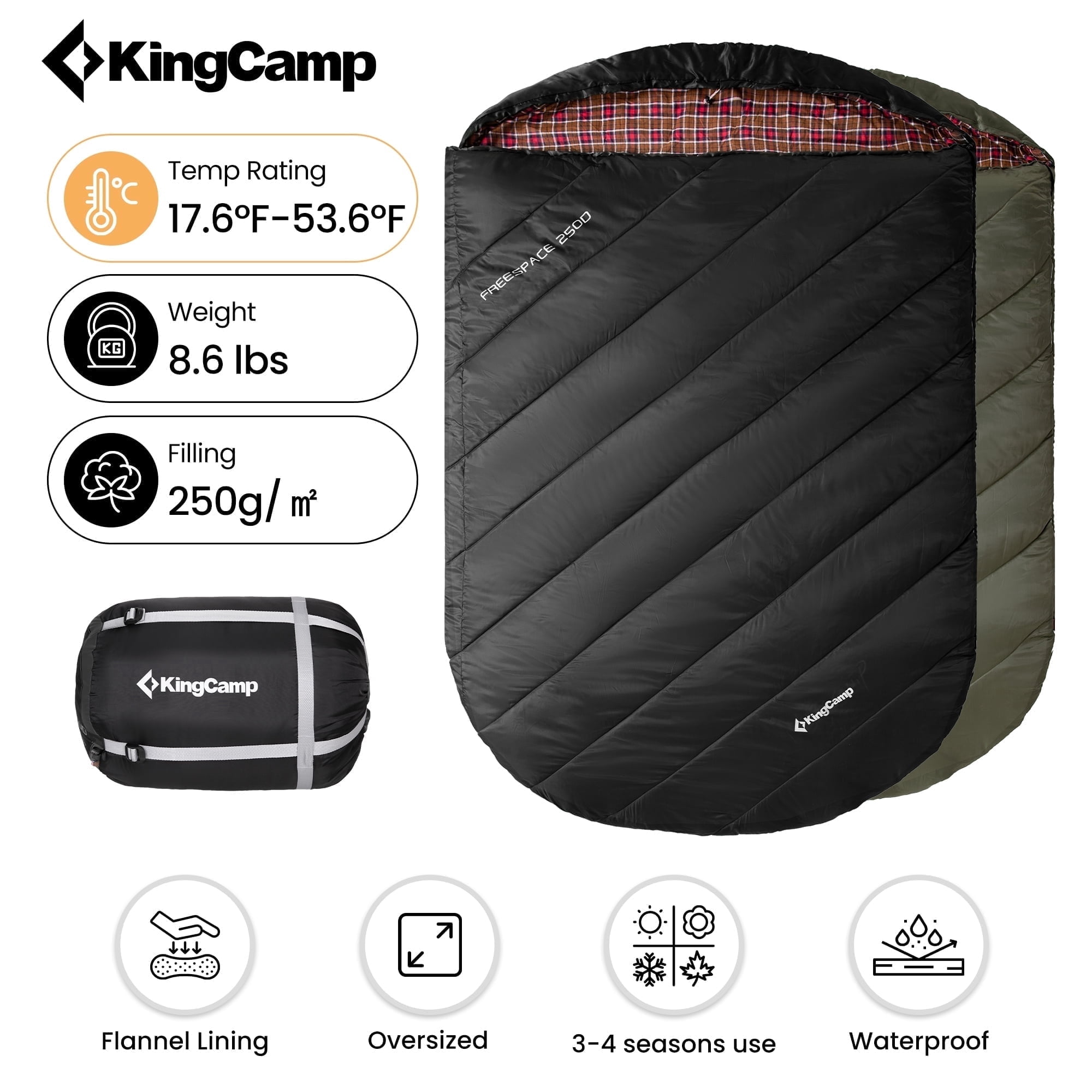 KingCamp Double Sleeping Bag for Adults, Queen Size 2-Person Sleeping Bag Flannel Lining Camping Bag with 2 Pillows & Compression Sack, 17.6°F-53.6°F, Black
