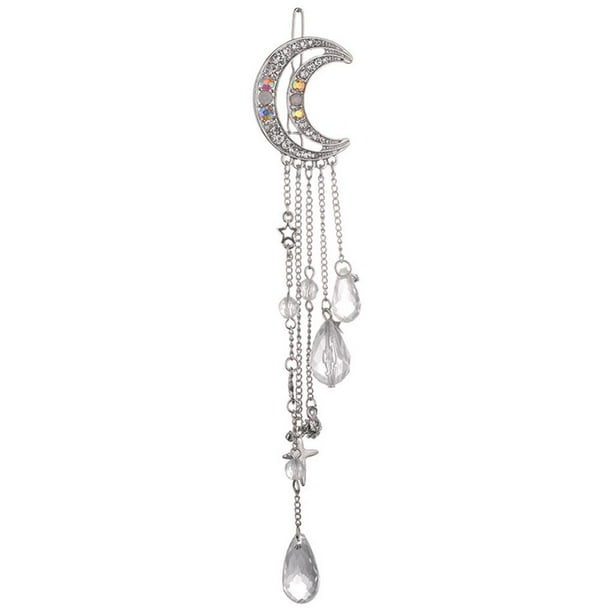 Seitruly Horquilla elegante para mujer, accesorios de estilismo colgantes con cuentas de borlas para señora, luna y estrella, bandas para el Cuidado del cabello Plata