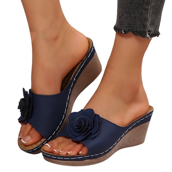 Rokment Women's Floral Platform Wedge Dress Slip on Sandals Boho Summer 3D Flower Leather Open Toe Comfortable Orthopedic Arch Support High Heels Walking Slides Slippers Blue Size 6