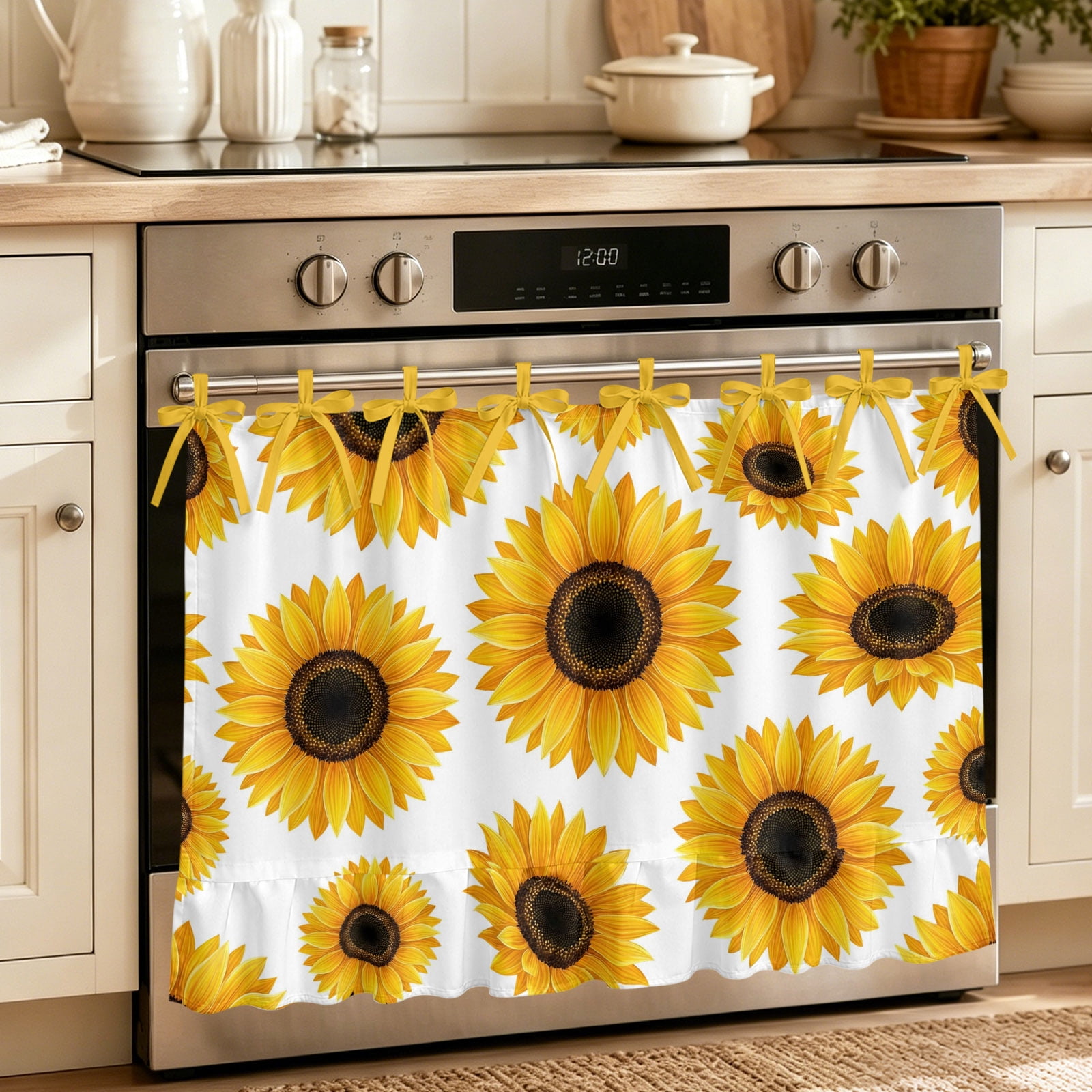 Sunflowers Oven Skirt for Farmhouse Kitchen D&eacute;cor Summer Spring Yellow Botanical Floral Flowers Oven Curtain Tie Top Decorative Stove Skirt Cabinet Dish Washer Curtains 8 Ribbon Ties 30 x21.5