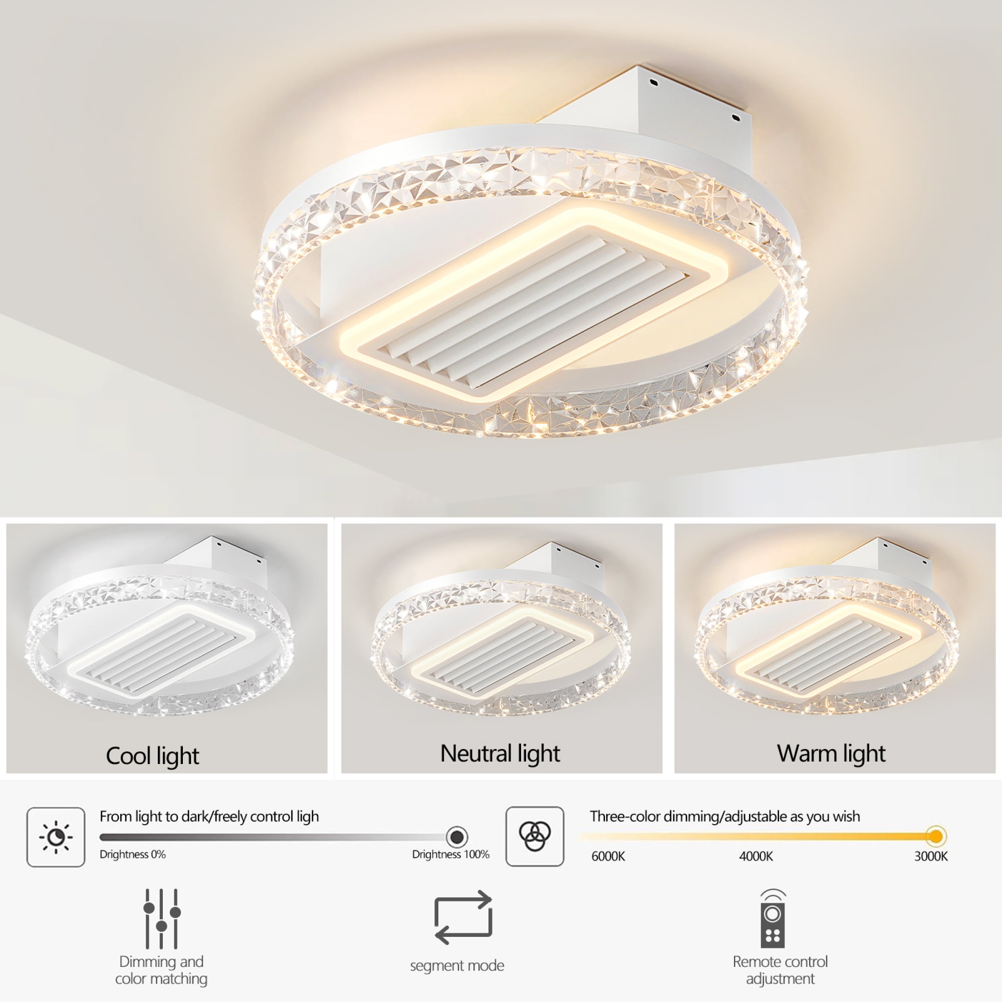 Jopath 20" Bladeless Ceiling Fan Light with Remote Control, Crystal Ceiling Lamp with Air Circulation and Adjustable Brightness for Living Room, Dining Room, or Bedroom, Silent/6-Speed