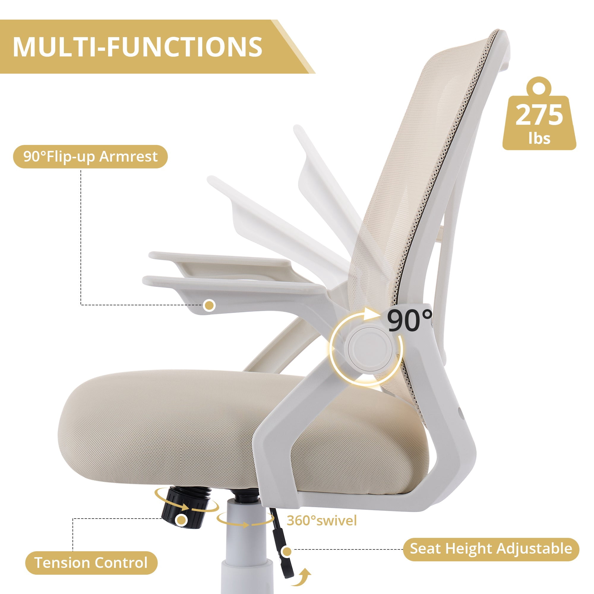 VECELO Mid-Back Swivel Adjustable Ergonomic Office Chair, Mesh Lumbar Support and Adjustable Arms Task Chair for Computer, Beige