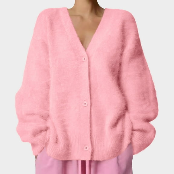 Ounisa Women's Fuzzy Knit Cardigan Button Down Long Sleeve V Neck Furry Sweater Coat Slouchy Loose Cardigans Outwear