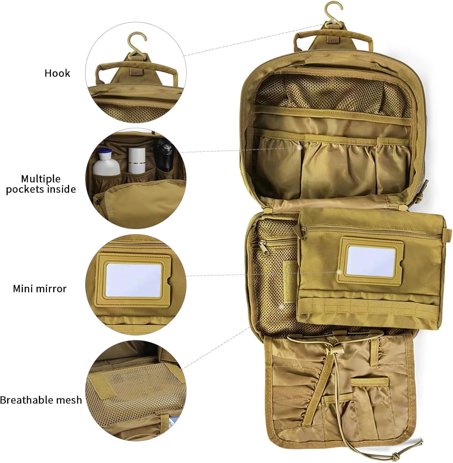 Travel Hanging Toiletry Bags,Tactical Toiletry Bag for Men,Bathroom Essentials Men's Toiletry Bag for Camping,Toiletries Organizer Dopp Kit, Travel Cosmetic Bag,Shaving Hygiene Bag-Khaki
