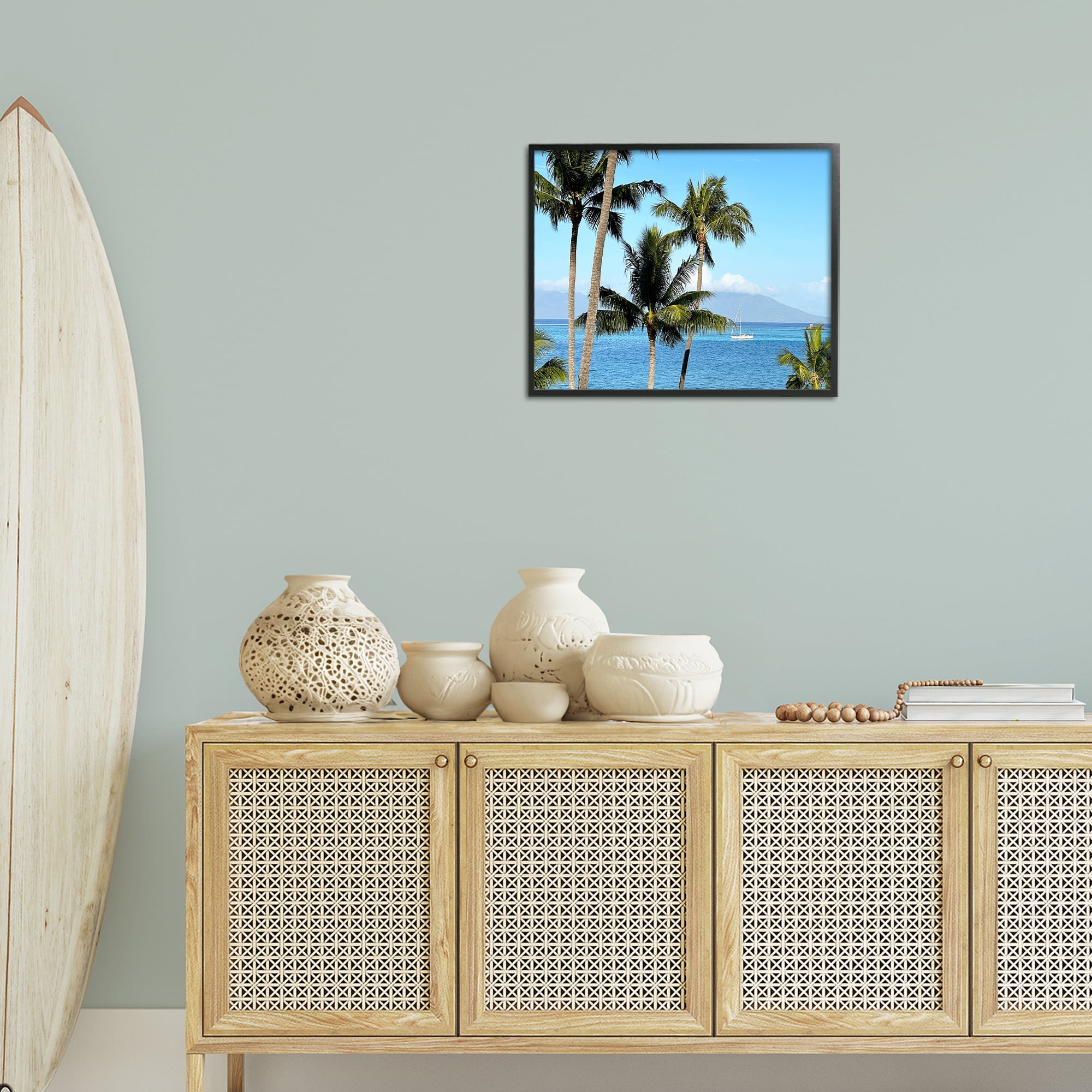 Stupell Industries Palm Trees & Sailboat Landscape Photography Black Framed Art Print Wall Art, 20 x 16