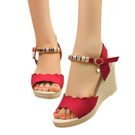 

iOPQO Women s sandals Women Wedge Sequin Buckle Sandals Block Heel Shiny Rhinestone Shoes Open Toe Prom Block Heel Sandals Wedge Heel Sequin Sandals Red 39