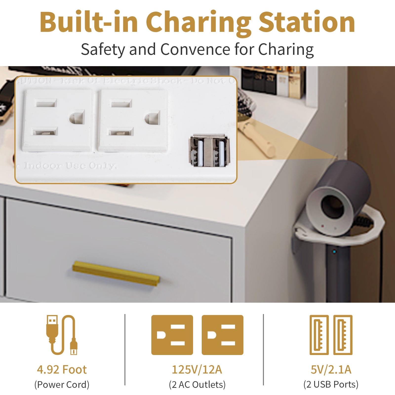 Ktaxon Makeup Vanity Table for Small Spaces, Vanity Table Set with Charging Station and Sliding Mirror, Bedroom Makeup Table, White